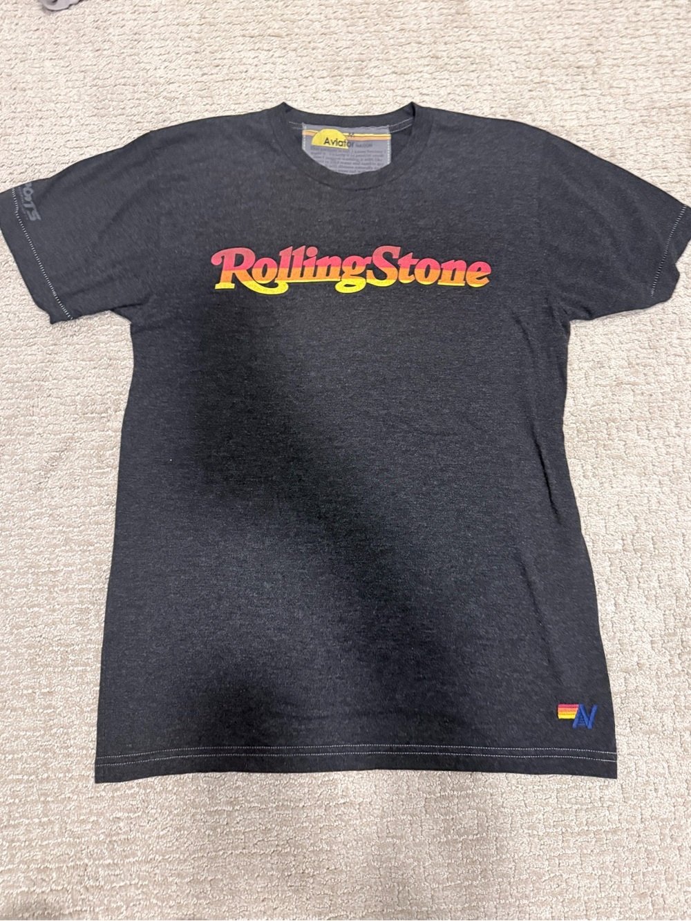 Unisex Aviator Nation Black Tee with Red and Yellow ‘Rolling Stone’